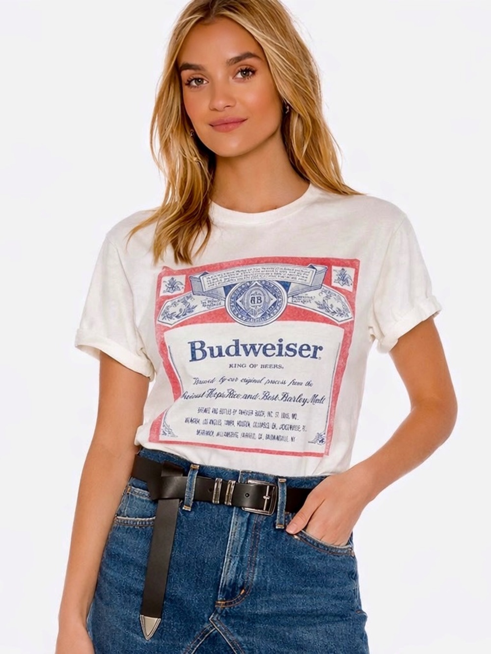 Budweiser Graphic Tee XS Vintage Label Print Cream Short Sleeve T Shirt